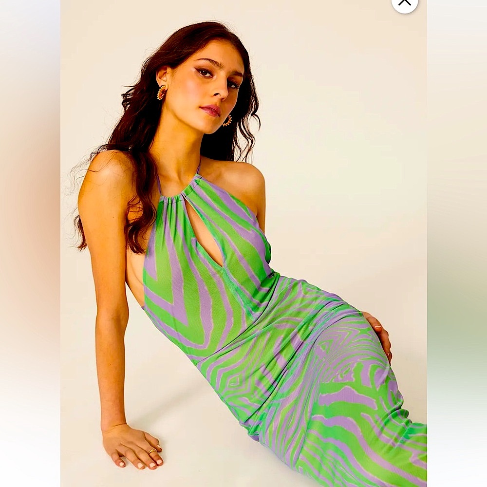 AFRM lavender & lime zebra print halter midi dress